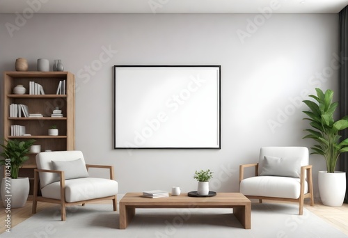 A modern minimalist living room with a large blank white frame on the wall, surrounded by wooden shelves and decor items