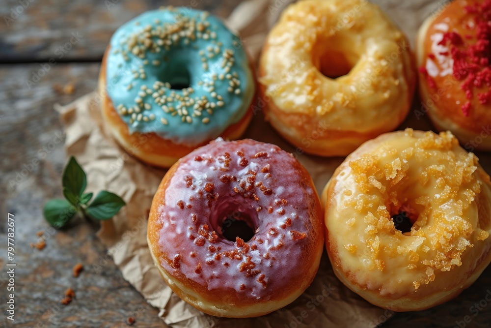 colorful donuts on a wooden background, sweet food close up. Donuts on a Background with Copy Space. 