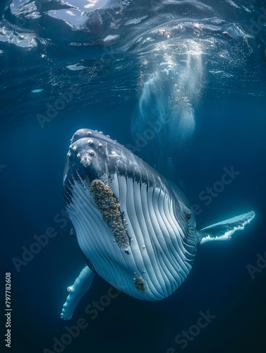 A graceful humpback whale swimming through the deep sea, captured in a serene underwater scene that highlights the beauty and majesty of marine life. photo