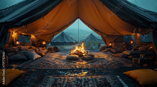 Inside of a big tent, from the tent can see the rainy night, bonfire, the whole atmosphere is comfortable, calm and healing, generated with AI