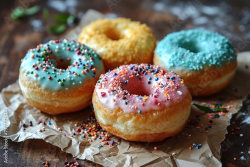 colorful donuts on a wooden background, sweet food close up. Donuts on a Background with Copy Space. 