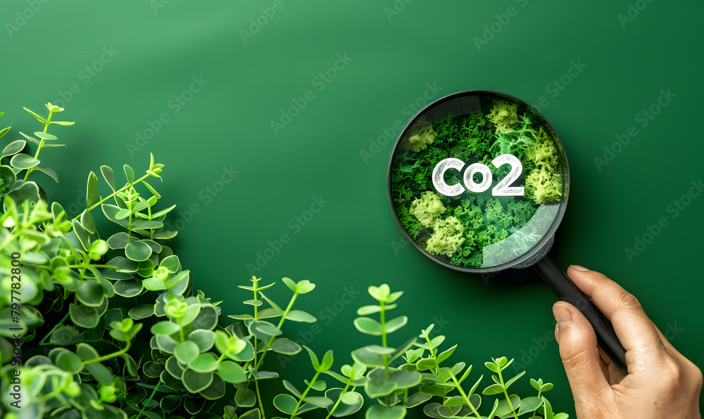 Magnifier glass with CO2 reduction on green background for decrease CO2 ...