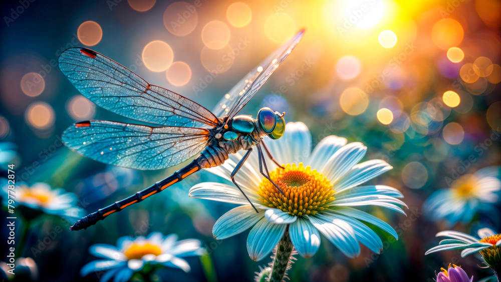 A dragonfly sits on a daisy A dragonfly sits on a daisy