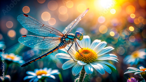 A dragonfly sits on a daisy