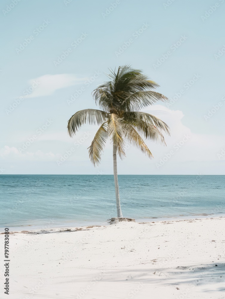 Minimalist, near the beach, a small coconut tree in the distance, advanced blue-blue tones, soft colors, Leica camera shot, generated with AI