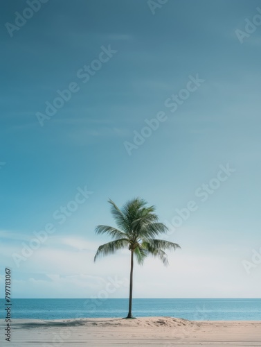 Minimalist, near the beach, a small coconut tree in the distance, advanced blue-blue tones, soft colors, Leica camera shot, generated with AI