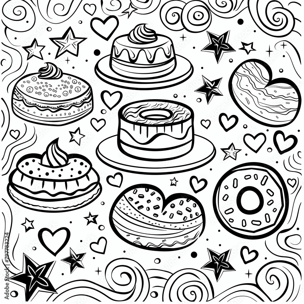 coloring page,hearts,cute cakes, Donuts,swirls coloring page,hearts,cute cakes, Donuts,swirls
