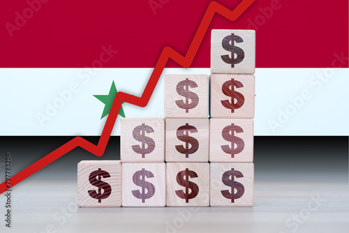 Syria economic collapse, increasing values with cubes, financial decline, crisis and downgrade concept