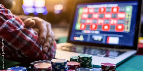 A person engages in online casino gaming, with a laptop screen displaying colorful slots and poker chips scattered around, suggesting a virtual gambling experience. photo