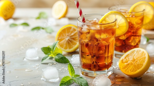 a glass of Iced tea and lemon on the blurry background. Summer Cocktails.