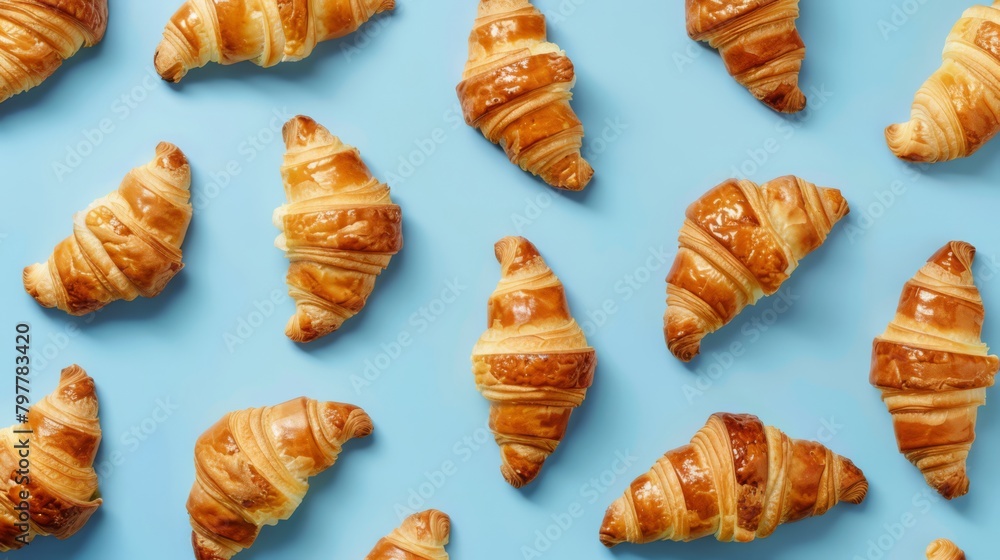 Photo realistic pattern made of Croissants on blue background, soft light, generated with AI Photo realistic pattern made of Croissants on blue background, soft light, generated with AI
