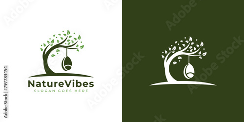Simple Nature Vibes Logo. Tree and Hanging Chair, Swing Chair with Minimalist Style. Park, Garden Logo Icon Symbol vector Design Inspiration.