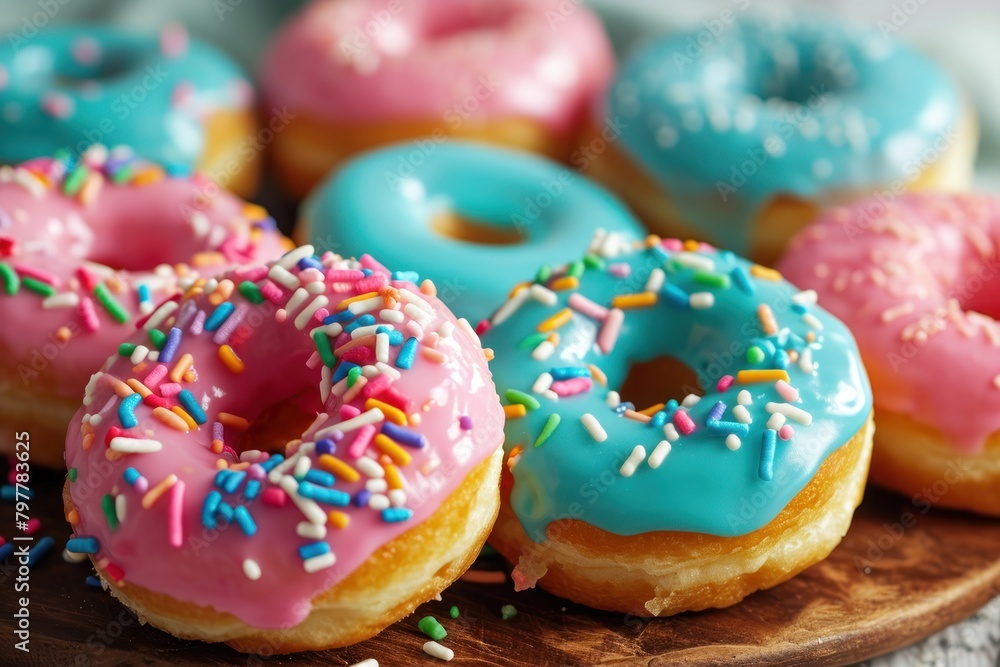 Colorful donuts with sprinkles on wooden table, closeup. Donuts on a Background with Copy Space. 