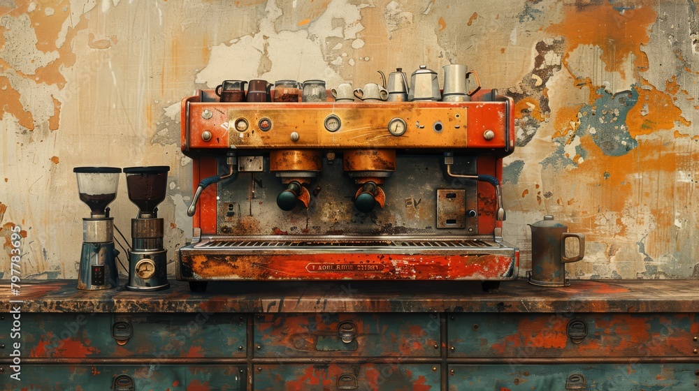 Retro coffee machine poster retro style, old look 25, generated with AI Retro coffee machine poster retro style, old look 25, generated with AI