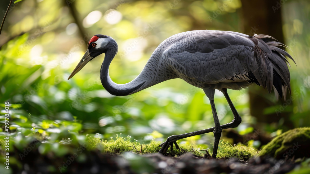 Fototapeta premium Lone crane stands gracefully among dense greenery in its habitat.