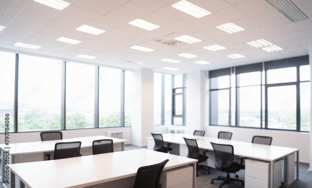 Blurred empty open space office. Abstract light bokeh at office interior background for design Blurred empty open space office. Abstract light bokeh at office interior background for design