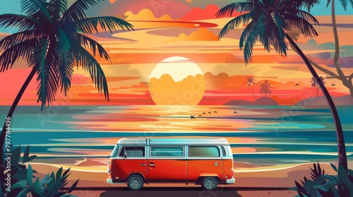 Summer vacation surf bus sunset tropical beach retro surfing vintage greeting card, generated with AI