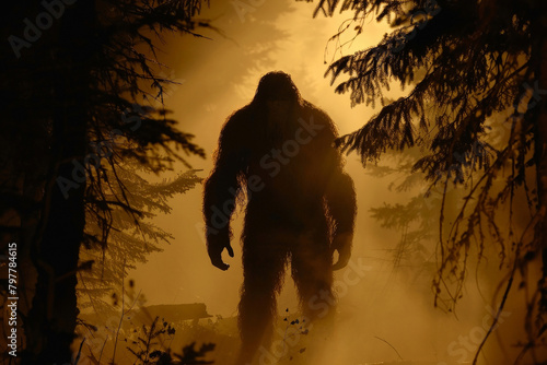 Bigfoot in the forest, mysterious sasquatch