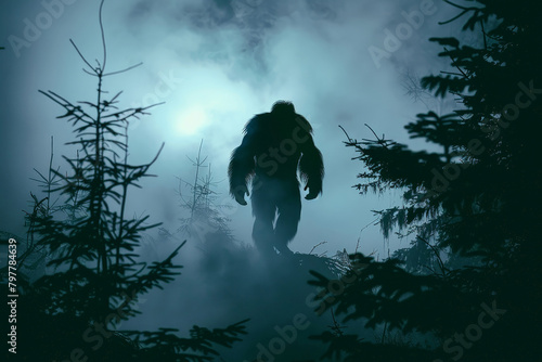 Bigfoot in the forest, mysterious sasquatch
