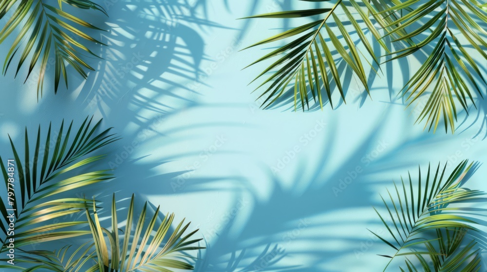 Tropical palms leaf shadow on a blue background high resolution, 8k, generated with AI Tropical palms leaf shadow on a blue background high resolution, 8k, generated with AI
