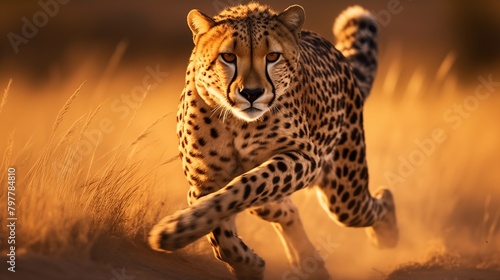 Agile cheetah sprinting across the African savannah at golden hour. © komal