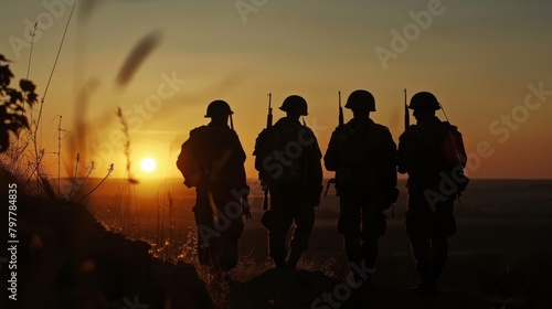 Loyal Comrades in Alliance: A dramatic scene with silhouettes of soldiers wearing helmets from WW2, standing firmly together, generated with AI photo