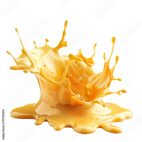 A splash of yellow cheese on a transparent background. The cheese is thick and has a lot of texture, giving the impression of a splash or a wave. The yellow color is bright and cheerful photo