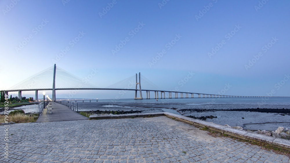 Vasco da Gama Bridge over the Tagus river timelapse, Lisbon, Portugal