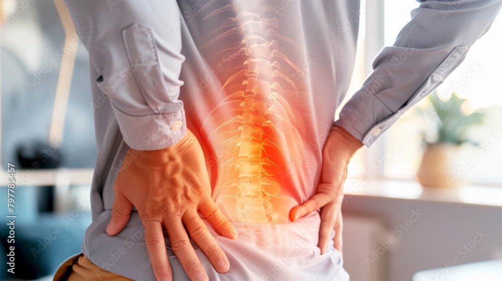 A person suffering from Back Pain. glow on the spine of bad posture, office syndrome backache, and stress of the body.