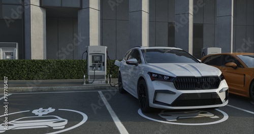 Generic electric car charging at station dock point in parking lot near shopping or office building. City street power hub providing eco-friendly sustainable supply for EV vehicle