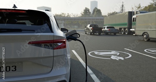 Generic electric car charging at station dock point in parking lot near shopping or office building. City street power hub providing eco-friendly sustainable supply for EV vehicle