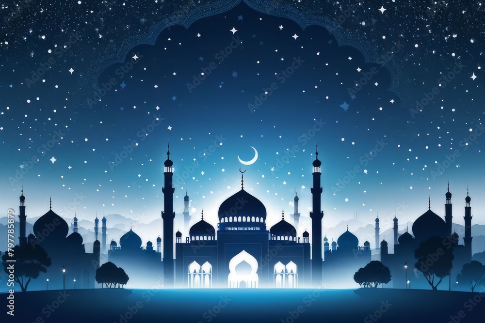 A peaceful scene of Eid AlFitr depicted in blue and white tones. The mosque silhouette is set against a foggy sky with stars dangling elegantly.