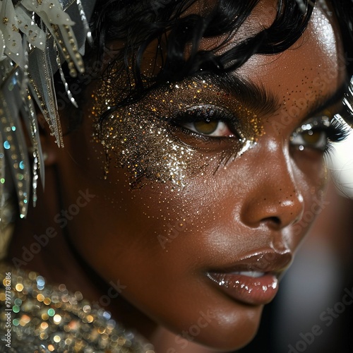 Closeup of celebrity makeup and hairstyles on the red carpet at a luxury fashion show photo