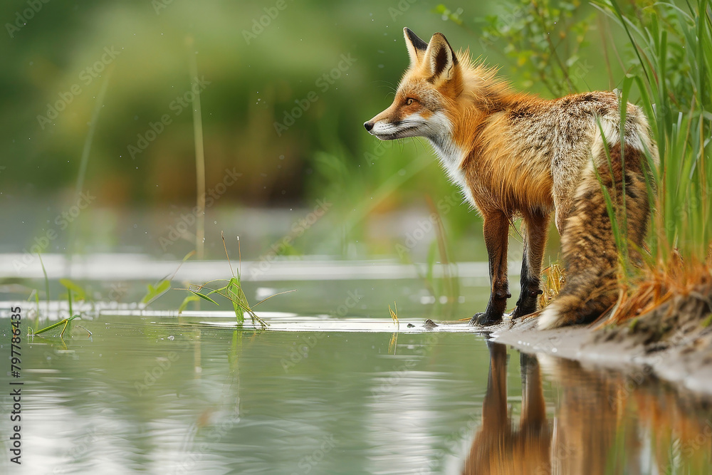 Fototapeta premium Red Fox on Rocks by the River in Stunning Nature Photography