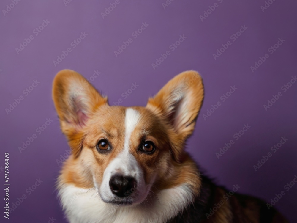 A satisfied Pembroke Welsh Corgi looking into the camera lies on a purple background