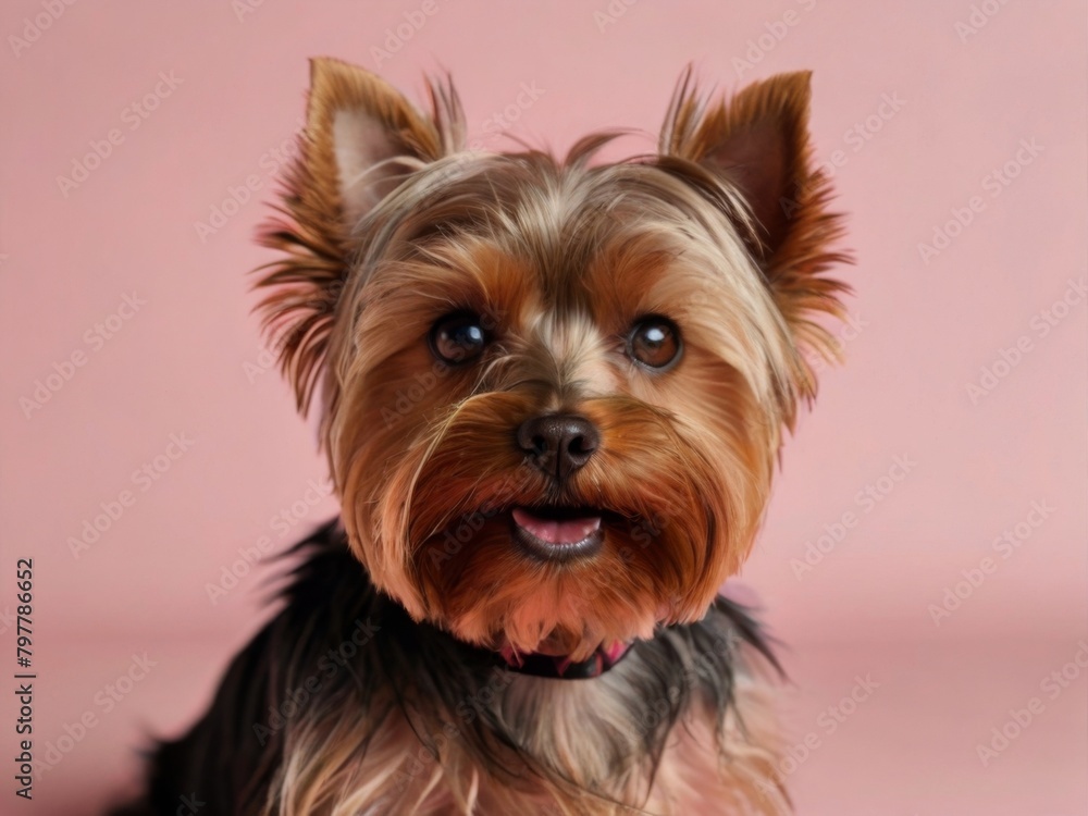 Satisfied Yorkshire Terrier looking in the camera lies on a pink background