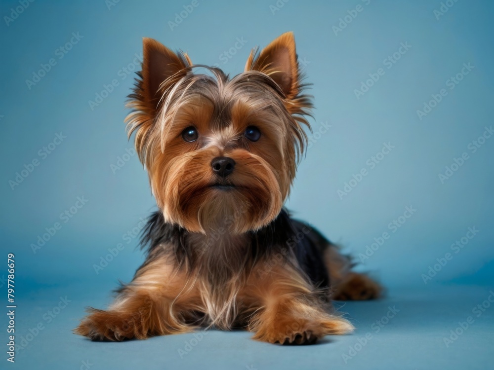 Satisfied Yorkshire Terrier looking in the camera lies on a blue background Satisfied Yorkshire Terrier looking in the camera lies on a blue background