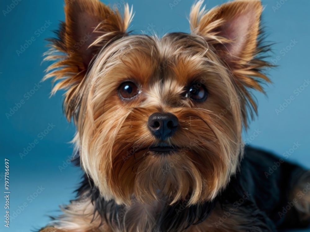 Satisfied Yorkshire Terrier looking in the camera lies on a blue background Satisfied Yorkshire Terrier looking in the camera lies on a blue background