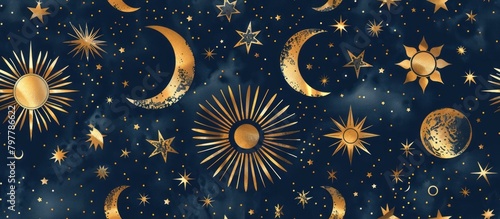 Seamless Navy Blue Background with Hand-drawn Gold Stars, Moons, and Suns Illustration