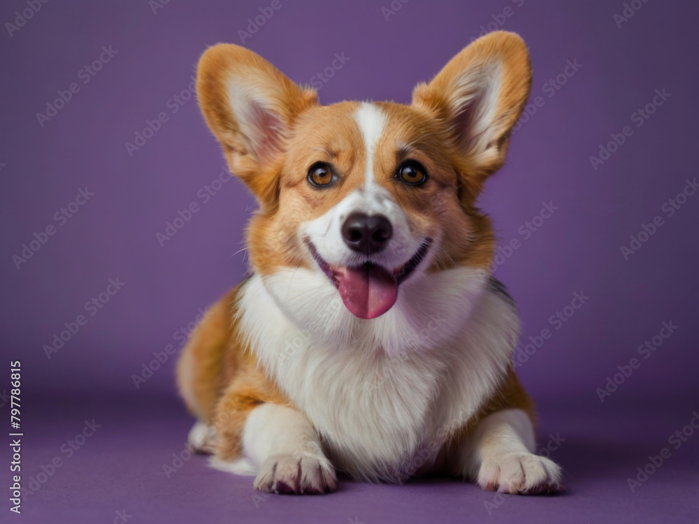 A satisfied Pembroke Welsh Corgi looking into the camera lies on a purple background A satisfied Pembroke Welsh Corgi looking into the camera lies on a purple background