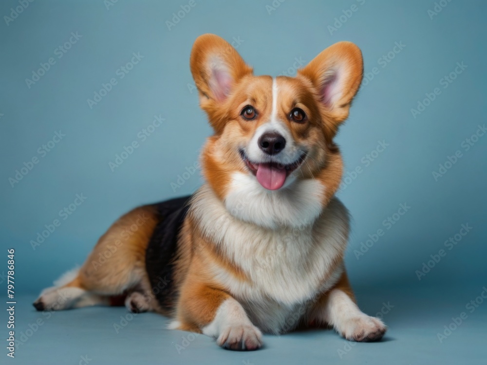 A satisfied Pembroke Welsh Corgi looking into the camera lies on a light blue background