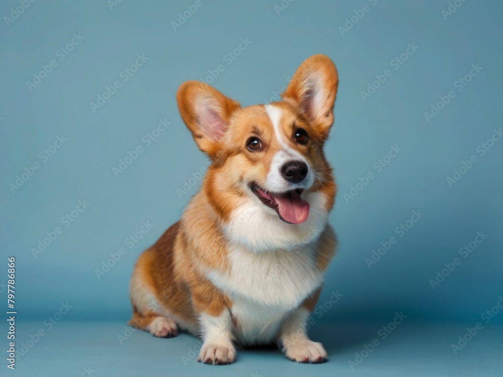 A satisfied Pembroke Welsh Corgi looking into the camera lies on a light blue background