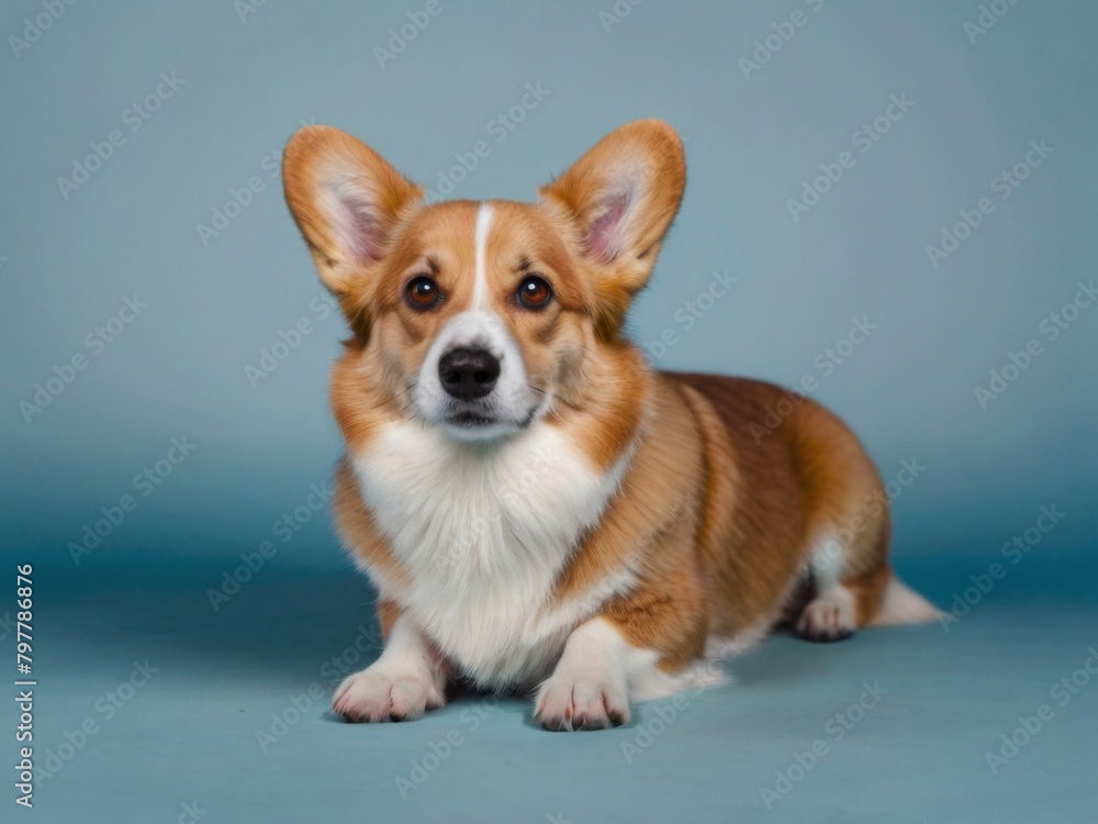 A satisfied Pembroke Welsh Corgi looking into the camera lies on a light blue background A satisfied Pembroke Welsh Corgi looking into the camera lies on a light blue background