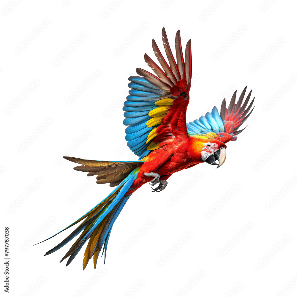 Vibrant Scarlet Macaw in Mid-Flight isolated