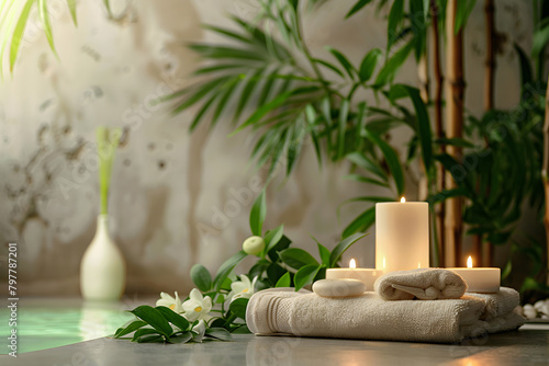 Background for Commercial photography. Background: a peaceful, natural spa environment with soft lighting, suggesting tranquility and wellness. Include visual elements like green plants and soft, natu