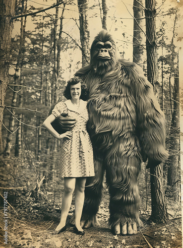 Photo of a woman and Bigfoot in the past, classic black and white photo, taken with a black and white film camera