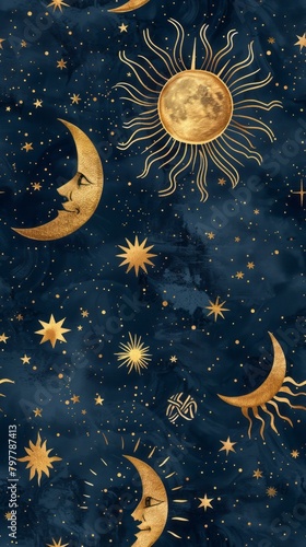 Seamless Navy Blue Background with Hand-drawn Gold Stars  Moons  and Suns Illustration