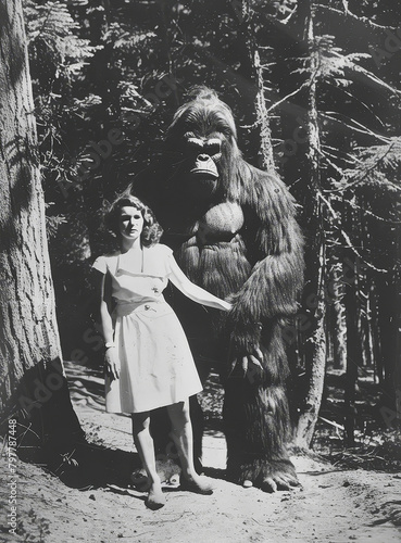Photo of a woman and Bigfoot in the past, classic black and white photo, taken with a black and white film camera