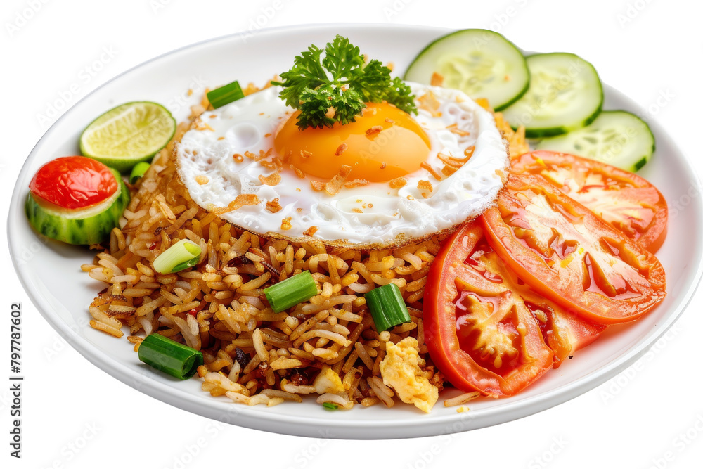 A vibrant arrangement of rice, tomatoes, cucumbers, and a perfectly cooked egg