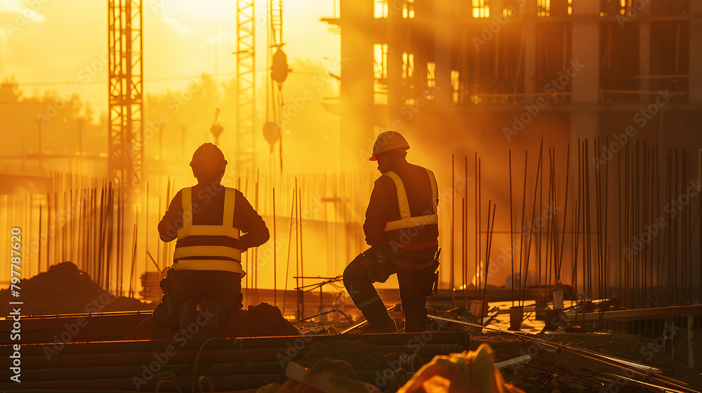 two construction workers at work, in the style of golden light, earthworks, feminine empowerment, raw documentation, industrial fragments, oshare kei, rtx on